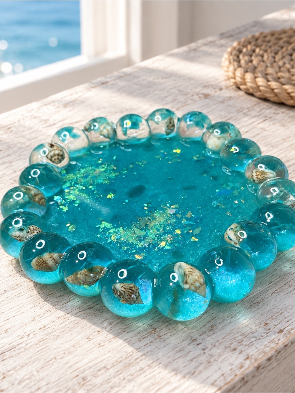 Handcrafted Teal Resin Coastal Coaster with Shell Bead Border